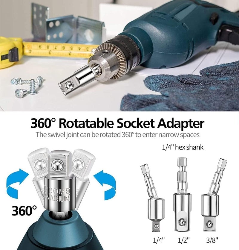 Grednfhat 32pcs Flexible Drill Bit Extension Set, Rotatable Joint Socket 1/4 3/8 1/2 Inch Hex Socket Adapter, 105°Right Angle Drill Attachmen, Bendable Screwdriver Kit with a Box (Black) - Image 5